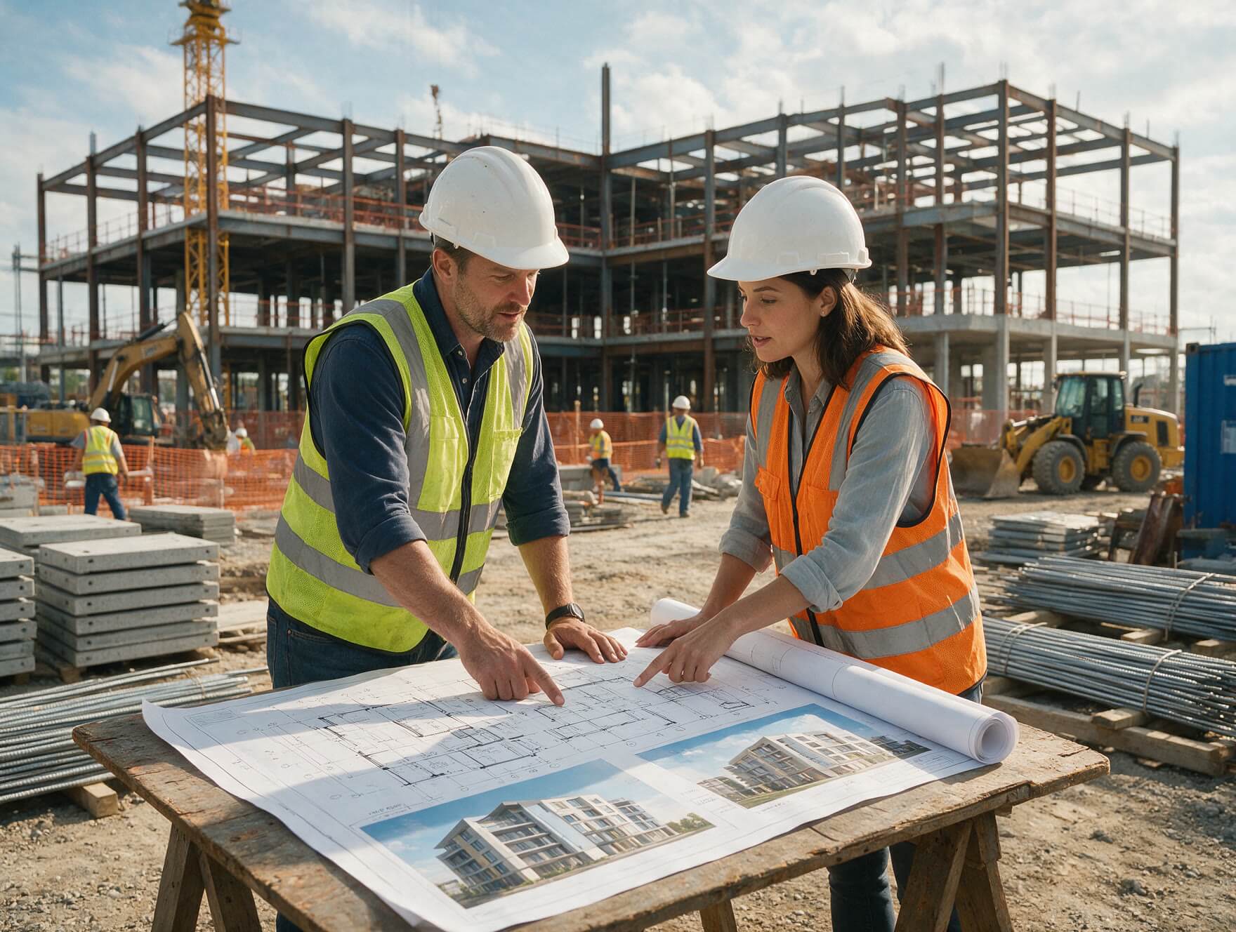 Project managers and architects communicating blueprint specifications clearly
