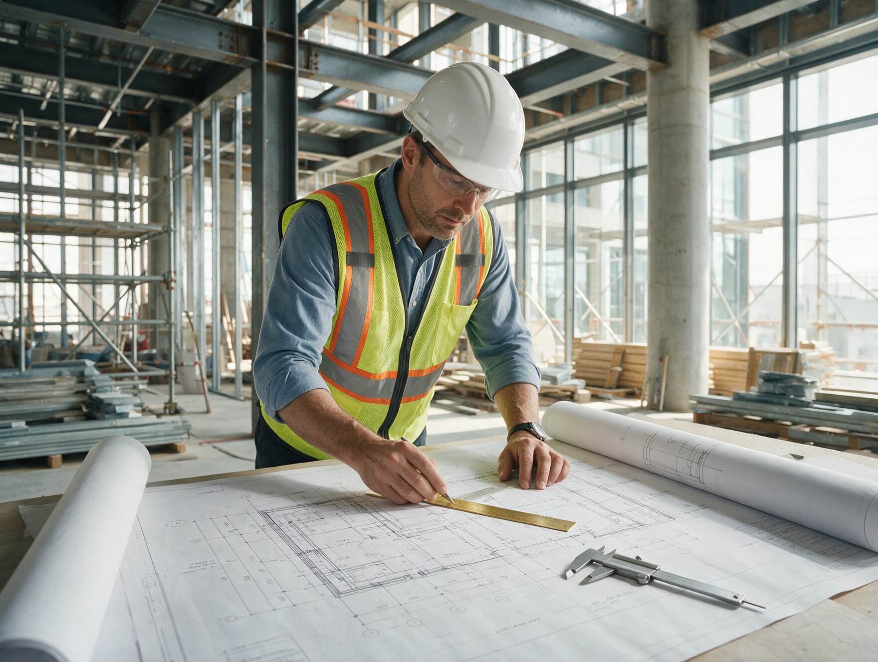 Architectural blueprint drafting and precision construction detail inspection
